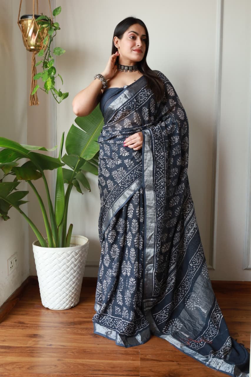 Hand Block Printed Linen Saree with Blouse